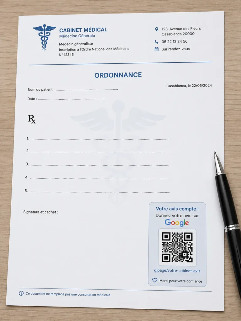 Ordonnance médicale d’un cabinet de médecine générale au Maroc avec QR code Google Avis permettant aux patients de laisser un avis en ligne après consultation.