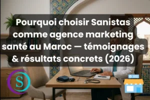 Pourquoi choisir Sanistas comme agence marketing médical au Maroc : illustration d'une professionnelle de santé utilisant un ordinateur portable dans un cabinet médical marocain moderne.