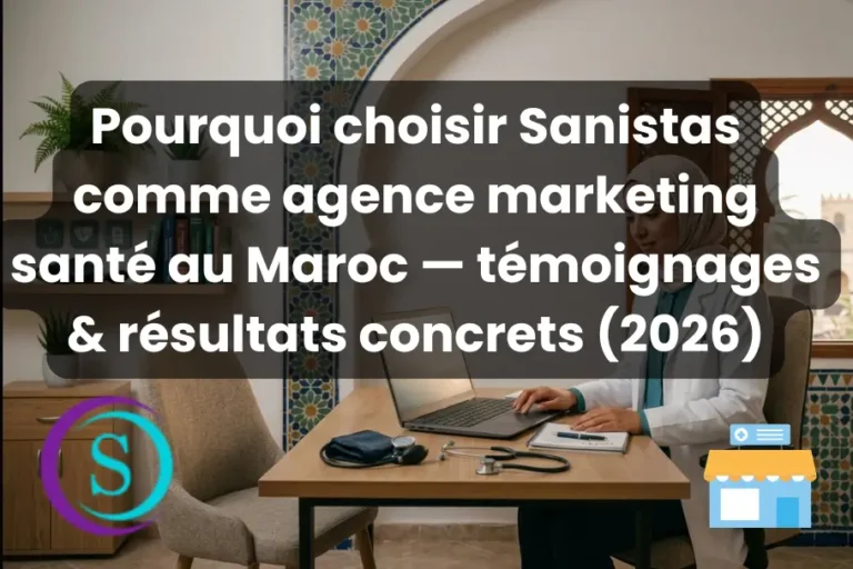 Pourquoi choisir Sanistas comme agence marketing médical au Maroc : illustration d'une professionnelle de santé utilisant un ordinateur portable dans un cabinet médical marocain moderne.