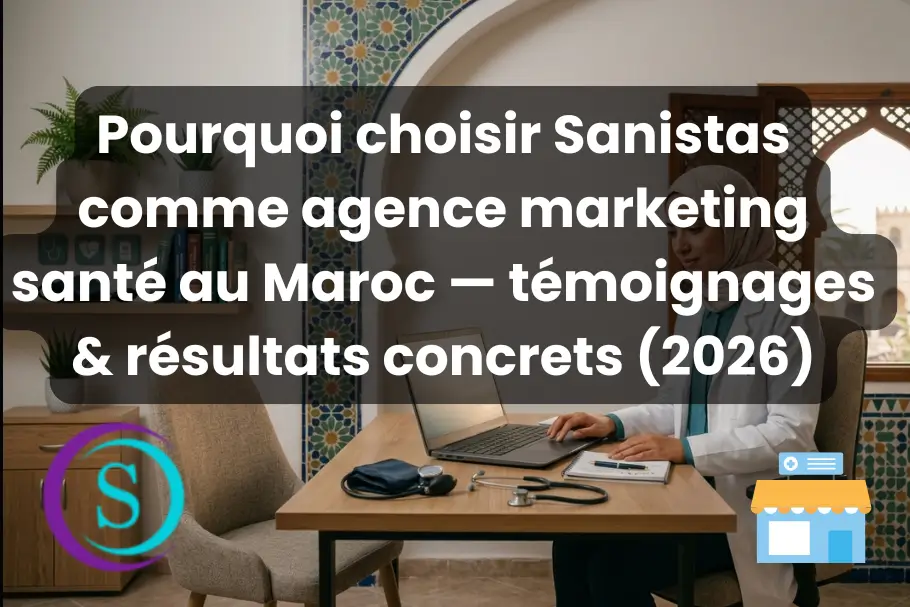 Pourquoi choisir Sanistas comme agence marketing médical au Maroc : illustration d'une professionnelle de santé utilisant un ordinateur portable dans un cabinet médical marocain moderne.