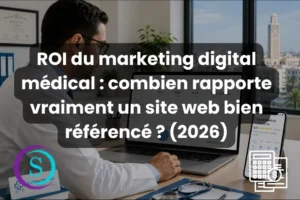 Médecin consultant les statistiques de performance d’un cabinet sur ordinateur et smartphone.
