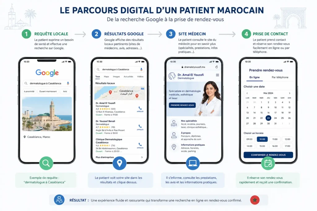 Parcours d’un patient depuis une recherche Google jusqu’à la prise de rendez-vous chez un médecin.