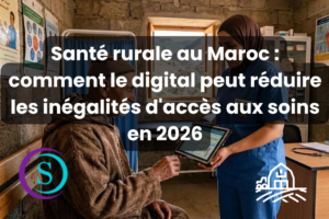 Santé rurale au Maroc : une professionnelle de santé montre une tablette numérique à un patient âgé dans un dispensaire de montagne afin d'améliorer l'accès aux soins grâce aux solutions digitales.