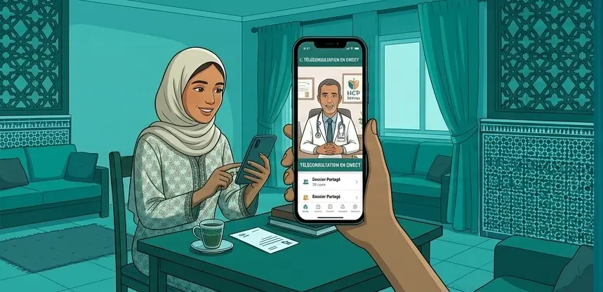 Patiente marocaine réalisant une téléconsultation médicale en direct avec un médecin via smartphone depuis son domicile.