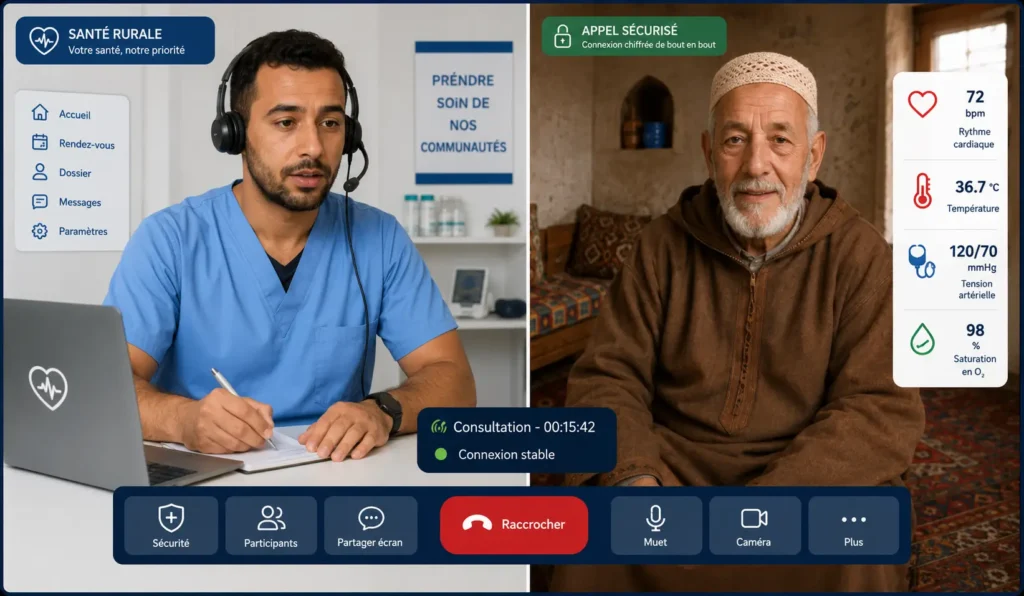 Consultation de télémédecine entre un infirmier rural et un patient âgé à domicile dans une zone rurale du Maroc avec suivi des constantes médicales en temps réel.