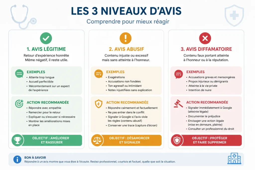 Infographie expliquant les trois types d’avis Google pour les professionnels de santé : avis légitime, avis abusif et avis diffamatoire, avec exemples et recommandations pour gérer la réputation en ligne d’un cabinet médical.