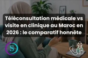Patiente en hijab consultant un médecin en téléconsultation médicale via smartphone au Maroc