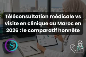 Médecin en hijab consultant un tableau de bord numérique sur tablette pour comparer téléconsultation et visite en clinique au Maroc