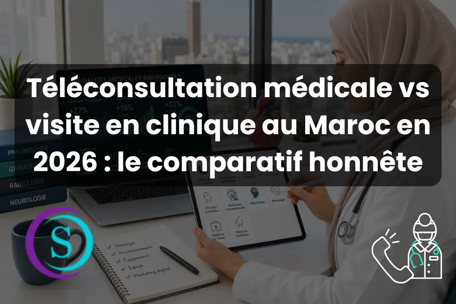 Médecin en hijab consultant un tableau de bord numérique sur tablette pour comparer téléconsultation et visite en clinique au Maroc
