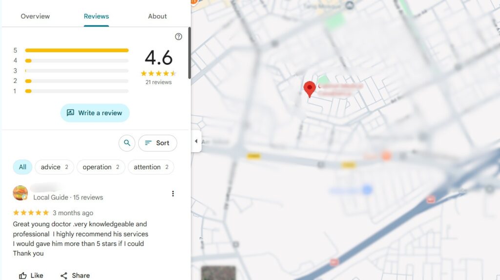 Avis Google d’un cabinet médical montrant la satisfaction des patients