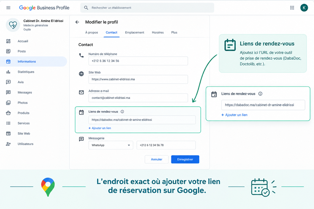 Comparaison de deux profils DabaDoc fictifs : l’un affiche des créneaux de consultation réservables en ligne, tandis que l’autre indique qu’aucun rendez-vous n’est disponible en ligne.