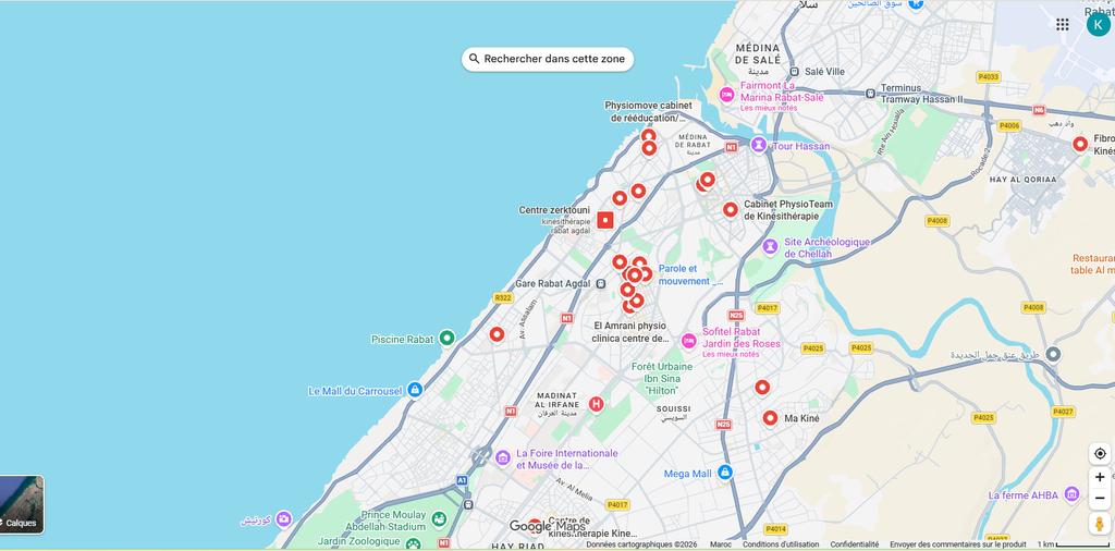 Carte Google Maps de Rabat avec des repères rouges de cabinets de kinésithérapie. Ils sont très regroupés dans le quartier de l’Agdal, autour de la gare Rabat-Agdal. D’autres repères sont dispersés vers la Médina, Hassan, Souissi, Hay Riad et l’est de la ville.