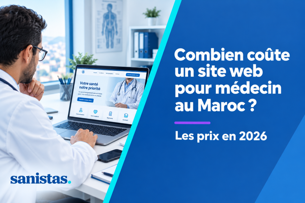 Médecin consultant un site web médical sur un ordinateur portable dans un cabinet au Maroc, illustrant le coût de création d’un site web pour médecin en 2026.