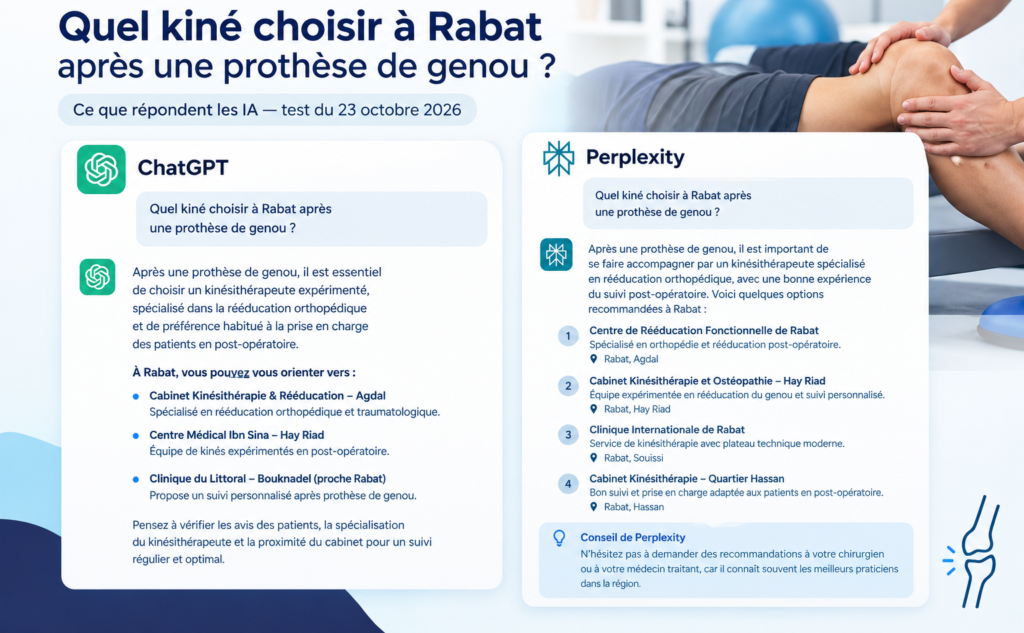 Comparaison des réponses de ChatGPT et Perplexity sur le choix d’un kinésithérapeute à Rabat après une prothèse de genou.