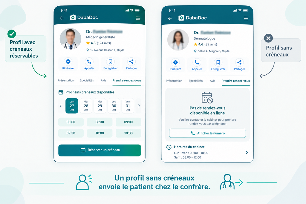 Comparaison de deux profils DabaDoc fictifs : l’un affiche des créneaux de consultation réservables en ligne, tandis que l’autre indique qu’aucun rendez-vous n’est disponible en ligne.