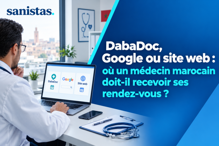 Couverture d’article Sanistas sur le choix entre DabaDoc, Google et un site web pour la prise de rendez-vous d’un médecin au Maroc.