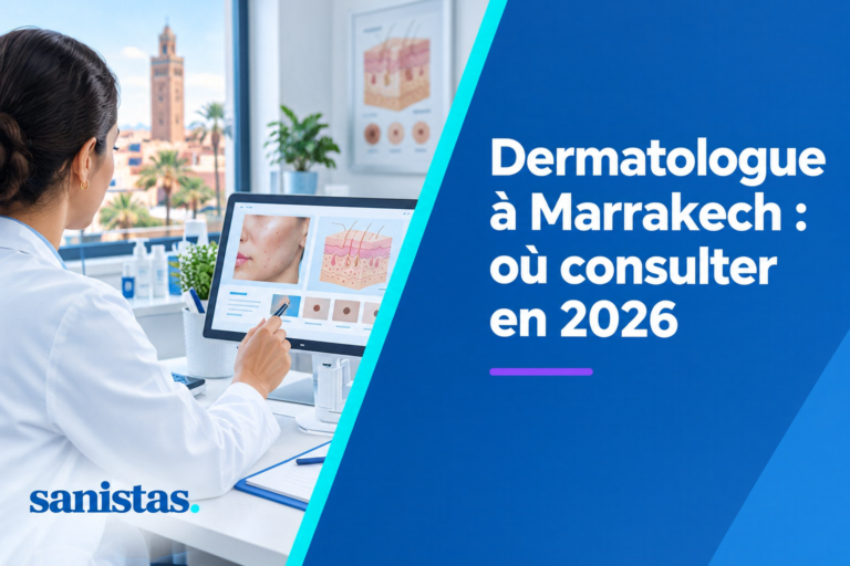 Couverture d’article Sanistas sur les dermatologues à Marrakech en 2026, avec une dermatologue dans son cabinet examinant des documents médicaux sur la peau, sur fond bleu et turquoise.