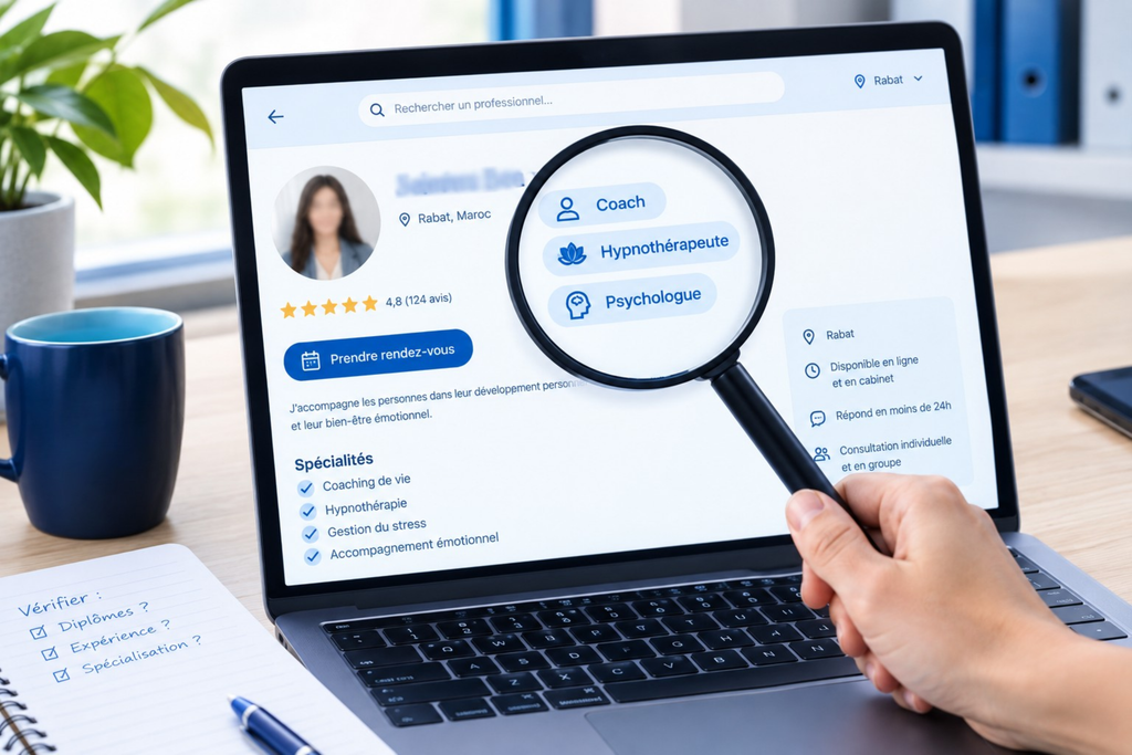 Une loupe grossit les titres « Coach, Hypnothérapeute, Psychologue » sur le profil en ligne d’une praticienne à Rabat. À côté, un carnet indique : vérifier diplômes, expérience, spécialisation.