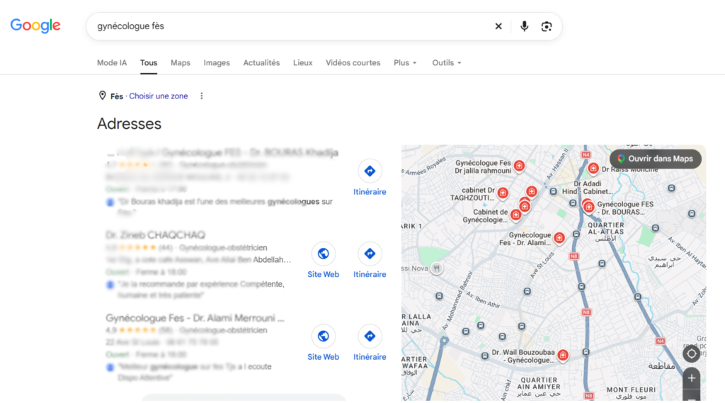Pack local Google Maps des gynécologues à Fès avec avis et localisation des cabinets.