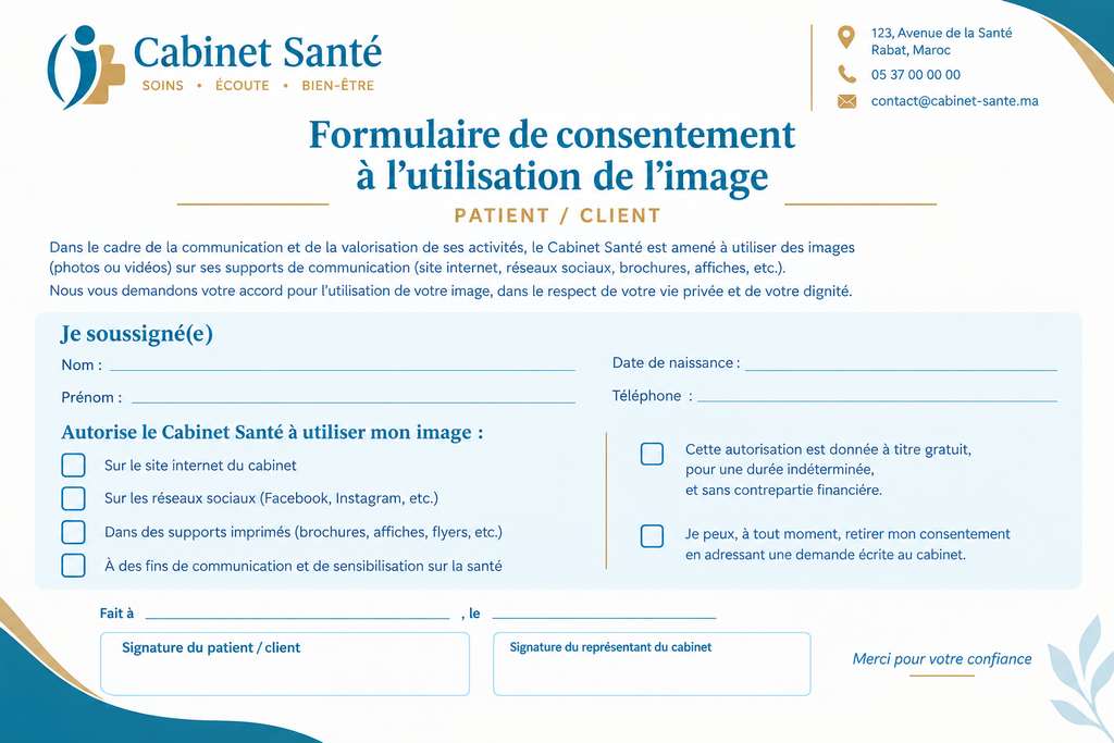 Formulaire de consentement au droit à l’image du patient pour un cabinet médical
