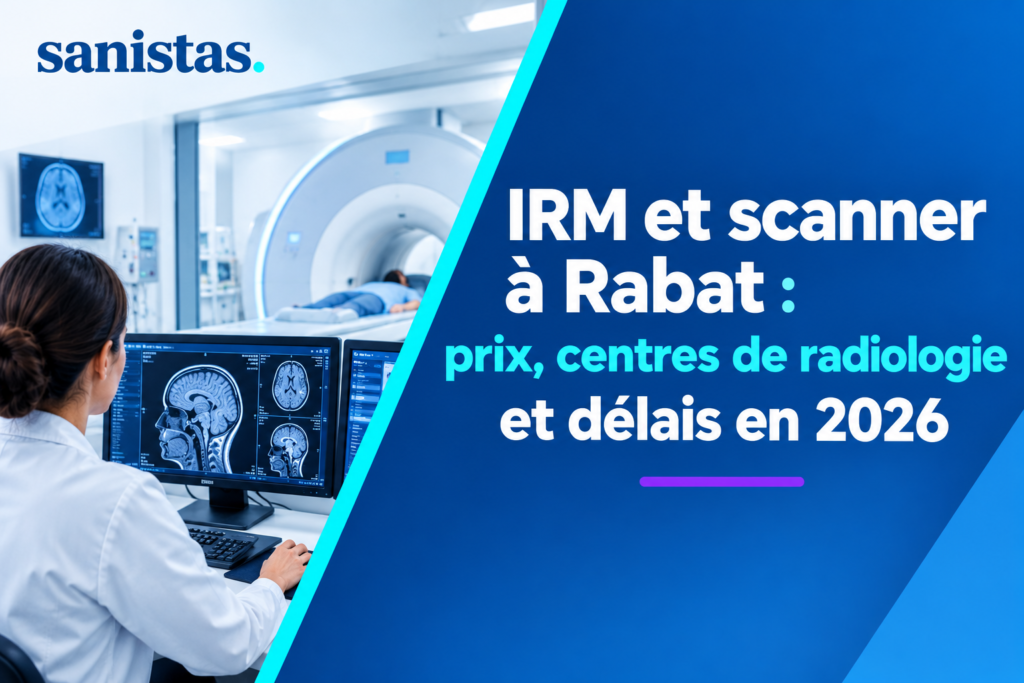 Couverture d’article Sanistas sur l’IRM et le scanner à Rabat en 2026, avec une radiologue analysant des images médicales dans un centre d’imagerie.