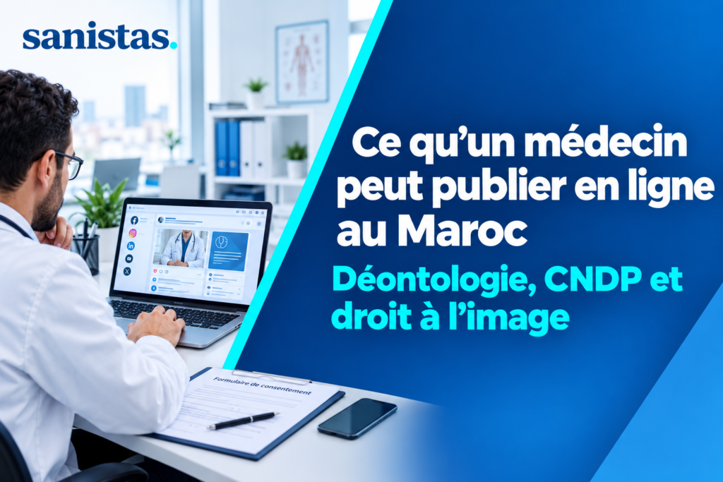 Médecin consultant un ordinateur dans son cabinet médical, illustrant la communication en ligne, la déontologie médicale, la CNDP et le droit à l’image des patients au Maroc.