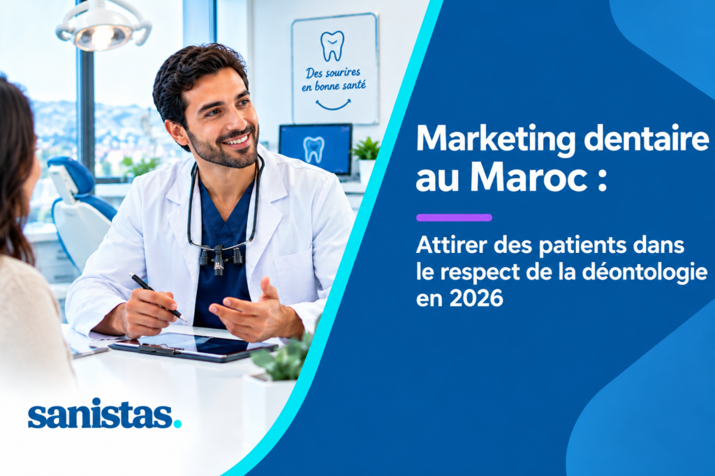 Dentiste souriant en blouse blanche conseillant une patiente dans un cabinet dentaire moderne, illustration du marketing dentaire au Maroc en 2026