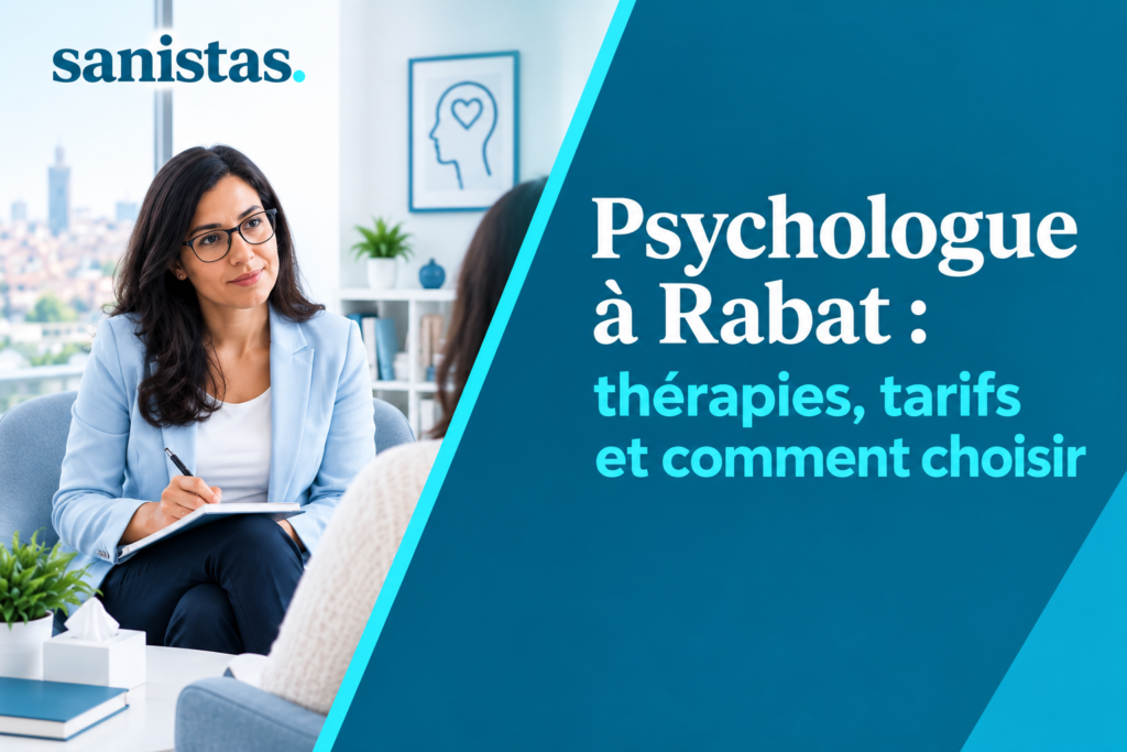 Couverture d’article Sanistas sur le choix d’un psychologue à Rabat, avec une psychologue en consultation dans un cabinet et le titre « Psychologue à Rabat : thérapies, tarifs et comment choisir ».