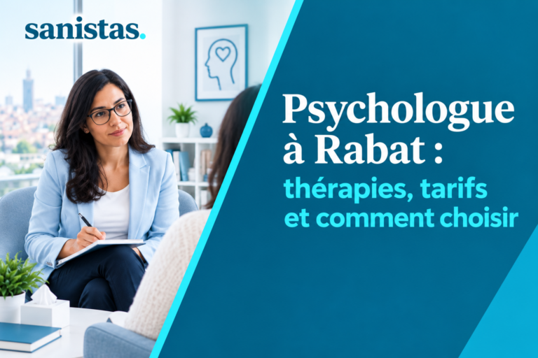 Couverture d’article Sanistas sur le choix d’un psychologue à Rabat, avec une psychologue en consultation dans un cabinet et le titre « Psychologue à Rabat : thérapies, tarifs et comment choisir ».