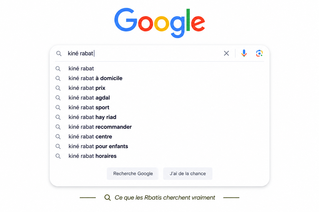 Suggestions de recherche Google pour « kiné rabat » : à domicile, prix, agdal, sport, hay riad, recommander, centre, pour enfants, horaires. Sous-titre : « Ce que les Rbatis cherchent vraiment ».