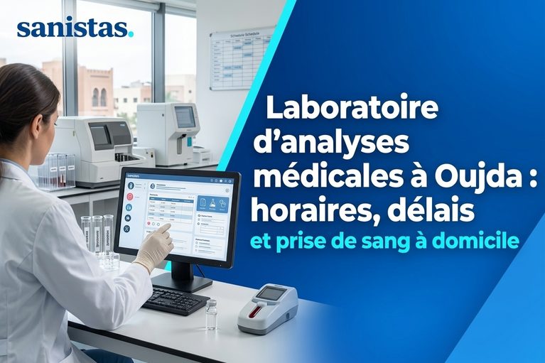 Couverture d'article de blog Sanistas montrant une biologiste médicale dans un laboratoire d'analyses à Oujda avec du matériel médical de pointe et un écran d'ordinateur.