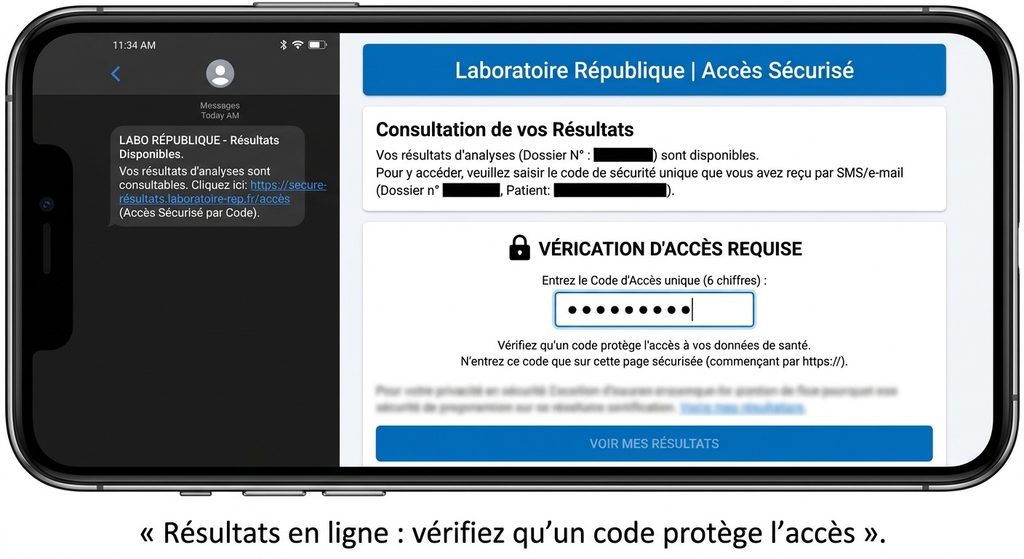 Capture d'écran d'un SMS et d'une page de résultats de laboratoire médical avec un champ de code d'accès sécurisé et des informations personnelles masquées.